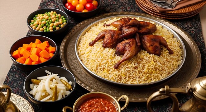 Traditional arabic mandi rice with roasted quail and side dishes