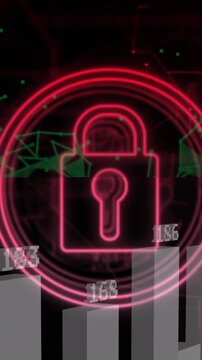 Animation of security padlock icon over statistical data processing and plexus networks
