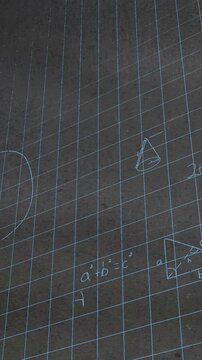 Animation of mathematical equations and formulas over grid network against textured grey background