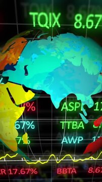 Animation of stock market data processing over spinning globe against black background