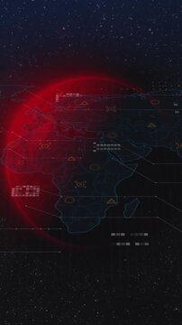 Animation of geometric shapes on map over multicolored globes against galaxy in background