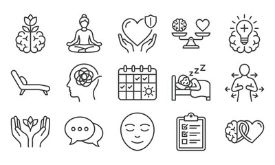 Obraz premium Set of mental health icons for world mental health day featuring therapy wellness and psychological support line art illustrations