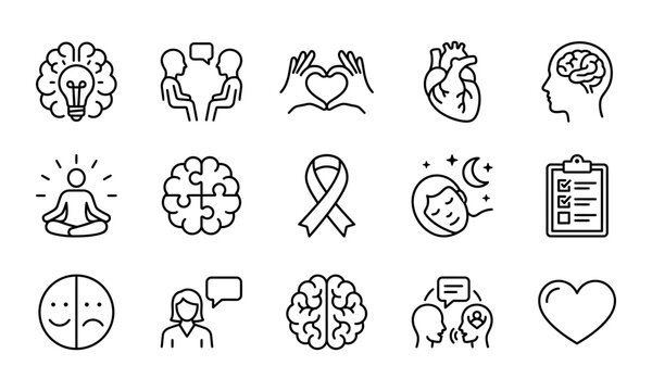 Set of line icons representing mental health concepts for world mental health day awareness and medical support design