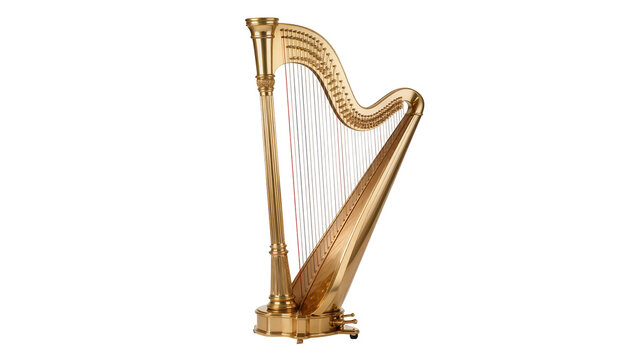 Shiny golden concert harp with many strings, isolated on transparent background