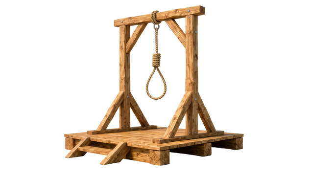 Wooden gallows with hanging noose, isolated on transparent background