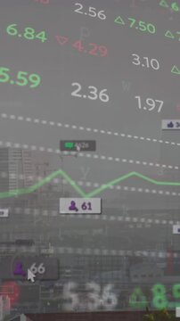 Animation of financial data processing over cityscape