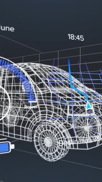Animation of speedometers, loading battery icon over 3d model of van against black background