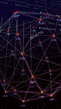 Animation of spinning globe over statistical and stock market data processing on black background