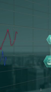 Animation of globes of medical icons spinning and statistical data processing against cityscape