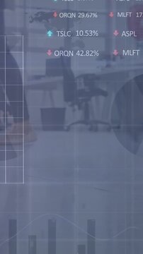 Animation of statistical, stock market data processing over low section of people walking at office