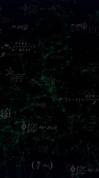 Animation of mathematical equations and network of connections floating against black background