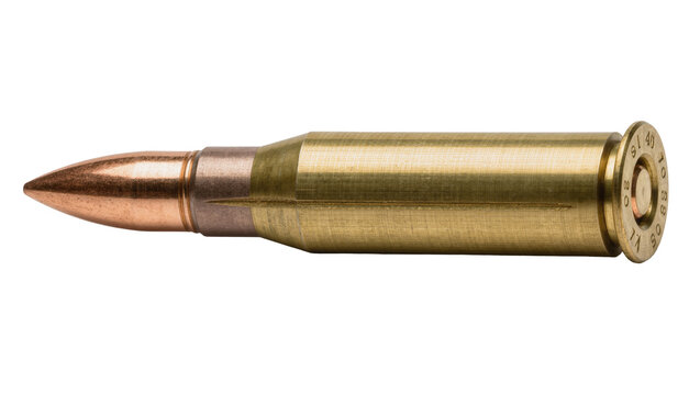 Brass cartridge with copper bullet tip, isolated on transparent background