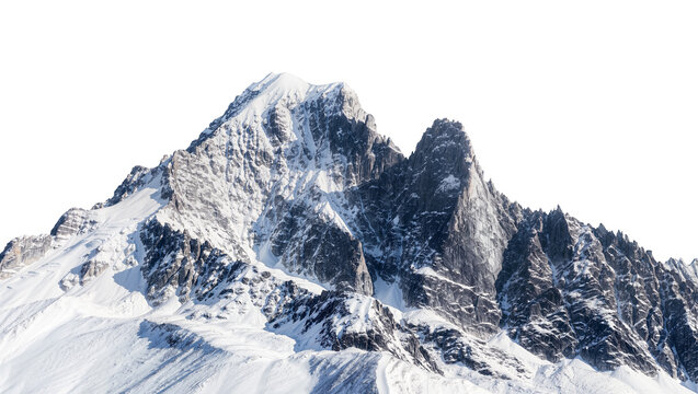 Snow covered jagged mountain peaks with rocky outcrops, isolated on transparent background