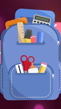 Animation of backpack icon over balloons on orange background