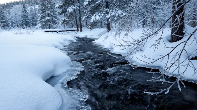 Winter stream flows through snow-covered forest with icy banks