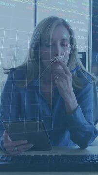 Animation of stock market data processing over portrait of caucasian woman talking on video call