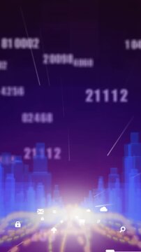 Animation of multiple changing numbers, digital icons and glowing light trails against 3d city model