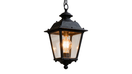 Ornate black metal hanging lantern with clear glass panels, isolated on transparent background © Sorin