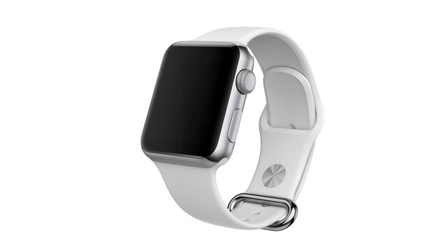 Silver smartwatch with white band, isolated on transparent background