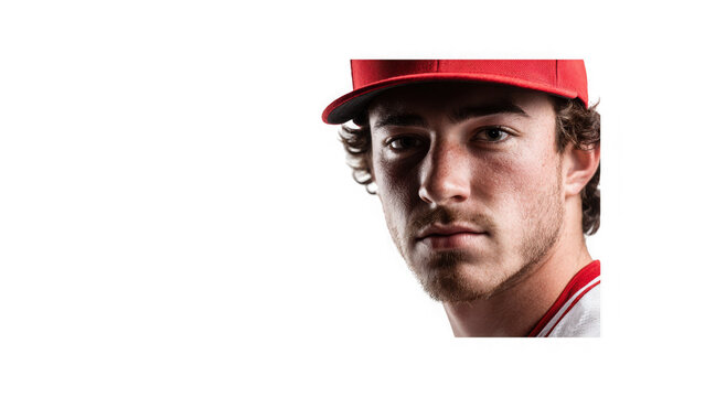 Baseball player wearing a red cap and looking seriously forward with isolated transparent backdrop.
