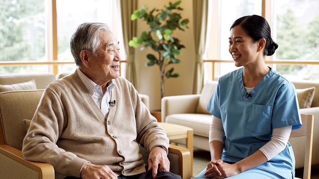介護施設のリビングで高齢男性の話に優しく耳を傾ける女性介護士