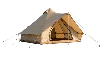 Large beige canvas bell tent with open entrance, isolated on transparent background © Sorin