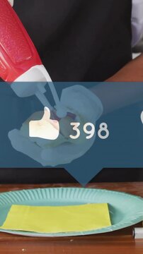 Squeezing ketchup onto food, social media likes and followers animation over scene