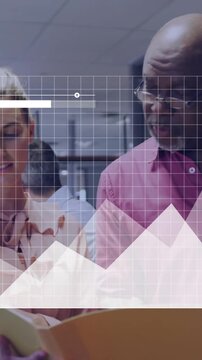 Financial data chart animation over diverse business people discussing documents in office