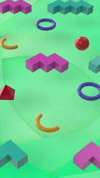 Colorful geometric shapes floating over green background animation