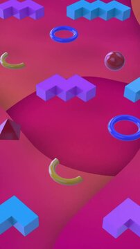 Colorful geometric shapes and patterns animation over red and pink background