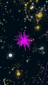 Colorful fireworks animation over night sky with stars and glowing particles