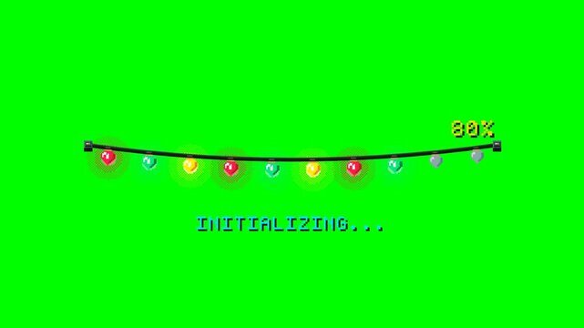 A cozy 16-bit pixel art animation of a segmented loading bar disguised as a string of festive fairy lights on a solid Chroma Key Green Screen. Features mechanical bulb pop-ins, vibrant 3-tie