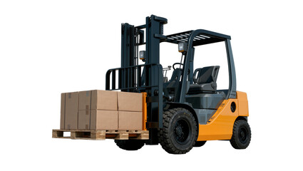 Orange and black forklift carrying cardboard boxes on a wooden pallet, isolated on transparent background © Sorin