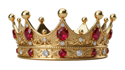 Ornate golden crown with red rubies and diamonds, isolated on transparent background © Sorin