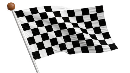 Obraz premium Waving checkered flag with wooden ball on pole, isolated on transparent background