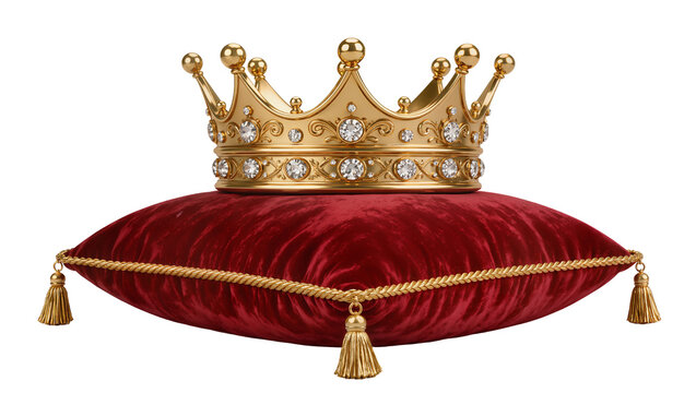 Golden jeweled crown resting on plush red velvet cushion with gold tassels, isolated on transparent background