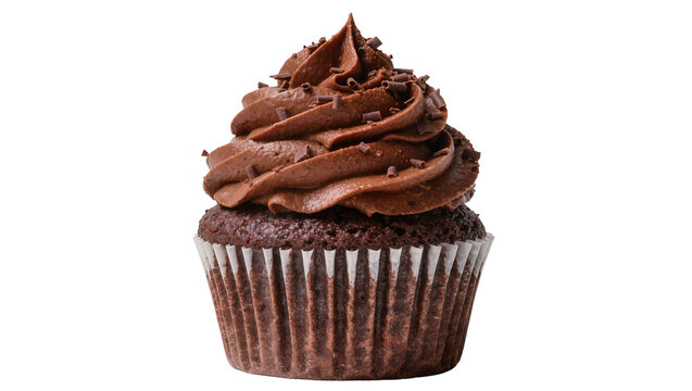 Decadent chocolate cupcake with rich frosting and sprinkles, isolated on transparent background