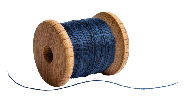 Wooden spool with dark blue thread, isolated on transparent background
