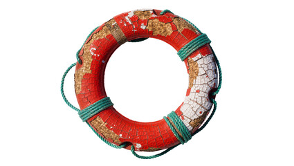 Weathered red life preserver ring with green rope, isolated on transparent background © Sorin