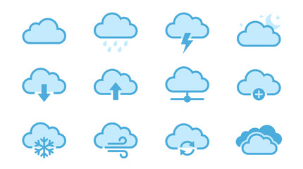 Obraz premium Dynamic Weather Icons Collection 12 Distinct Cloud Symbols with Rain Snow Storms and Temperature Indicators in Light Blue