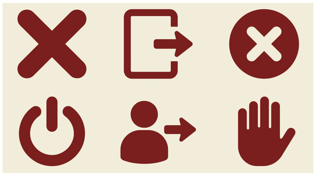 Collection of brown hand-drawn user interface action and control icons including close logout power stop symbols with logout icon power button stop sign UI symbols icon set website icon