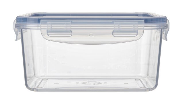 Rectangular clear plastic food container with blue locking lid, isolated on transparent background