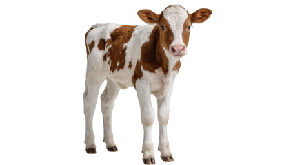 Young brown and white spotted calf standing, isolated on transparent background © Aliona