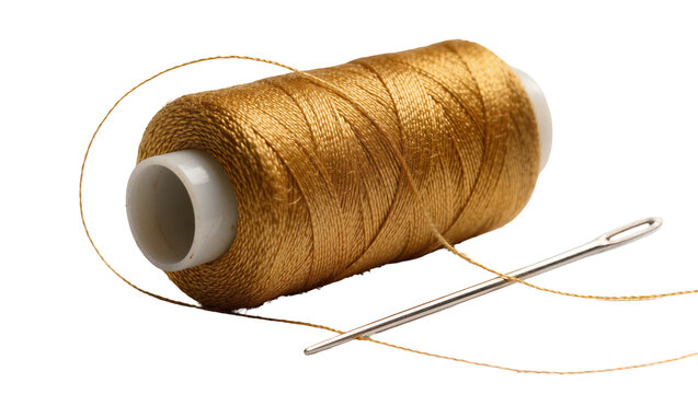 Golden thread spool with needle, isolated on transparent background