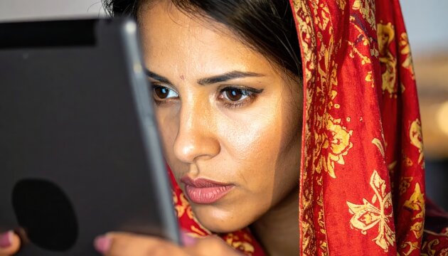 Woman wearing red scarf using digital tablet indoors.