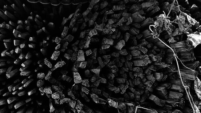 Top Down View of Stacked Firewood Logs in Dramatic Black and White