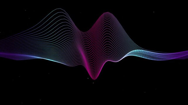 Motion graphics animation of flowing digital sound waves on dark background with neon glow for broadcast commercial, corporate promo, and marketing video