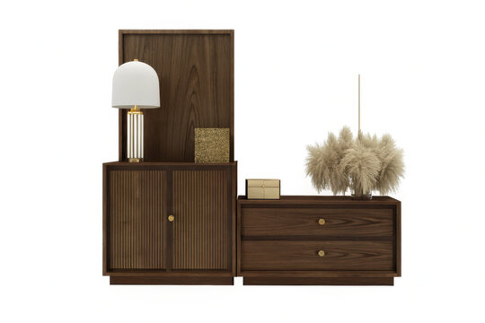 Modern dark wood cabinet and dresser with decorative lamp and dried grass accent furniture interior