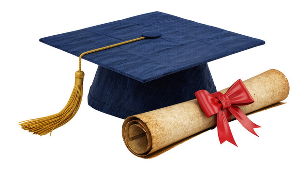 Blue graduation cap with gold tassel and diploma scroll tied with red ribbon, isolated on transparent background