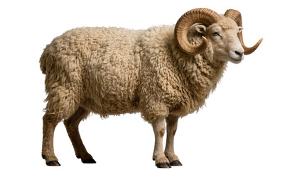 Majestic ram with large curled horns fluffy wool coat, isolated on transparent background © Sorin